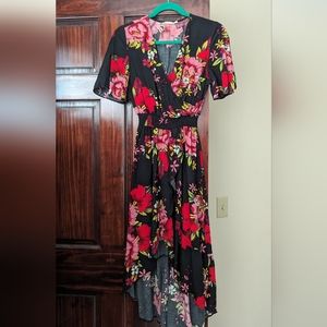 Black hi low dress with red and pink flowers size M